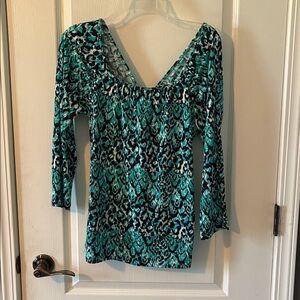 Ann Taylor Teal and Black Patterned Blouse